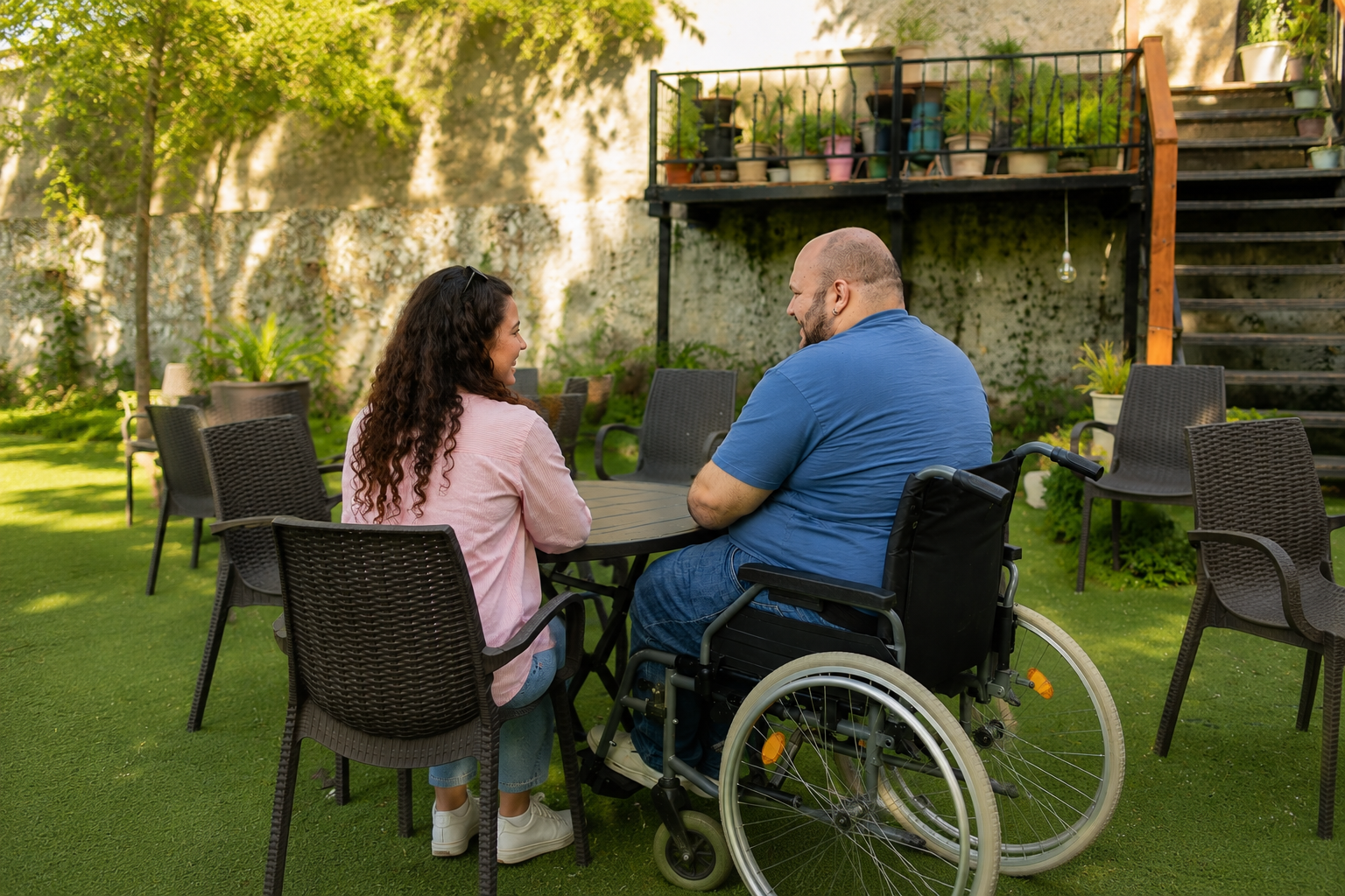 A staff member sitting outside in a garden chatting with a resident who uses a wheelchair