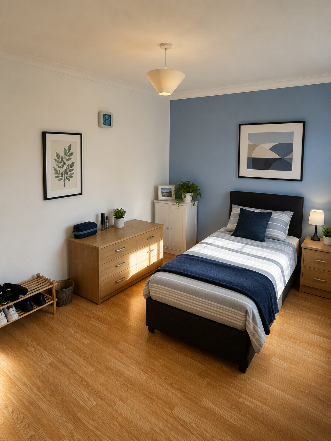 Riverside House bedroom with calming blue accent wall