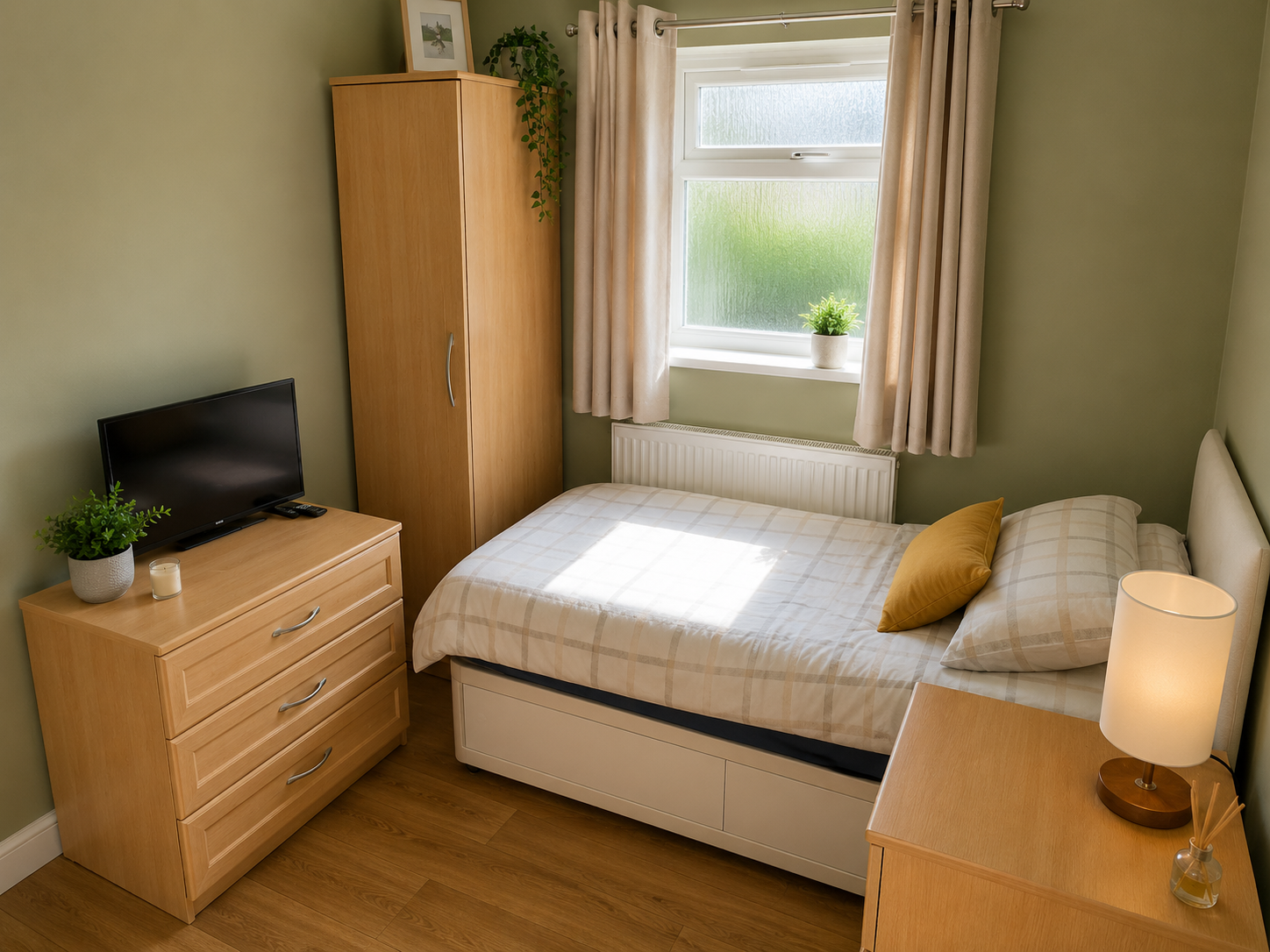 Riverside House cosy bedroom with sage green walls